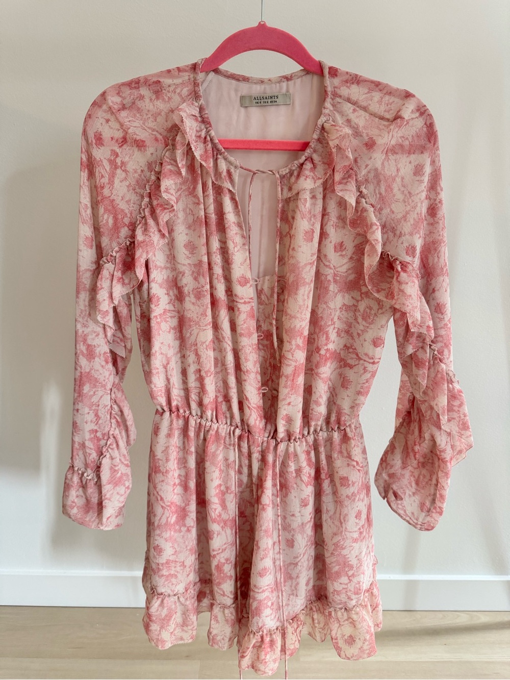 All Saints Pink Floral Ruffle Tunic Dress
